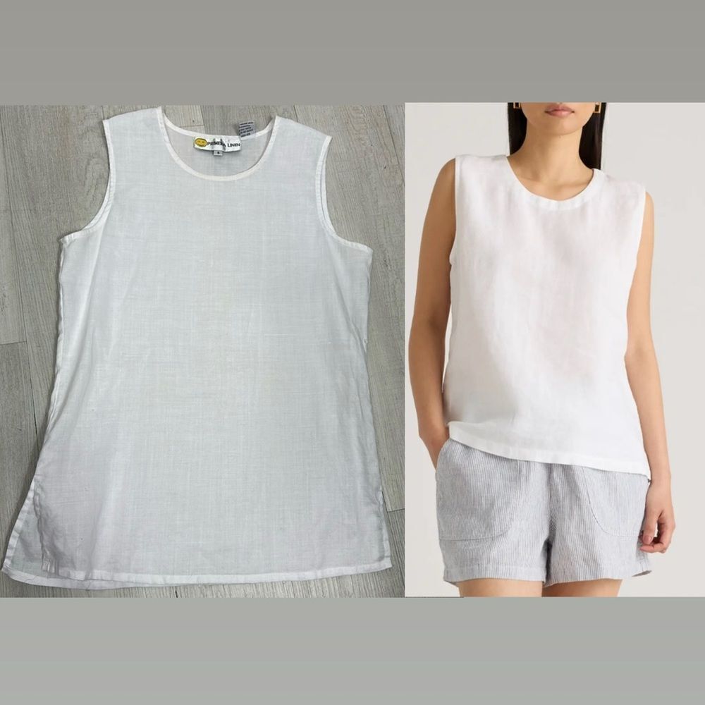 Primera Linen Round Neck Side Slits Tank Top In White Size S